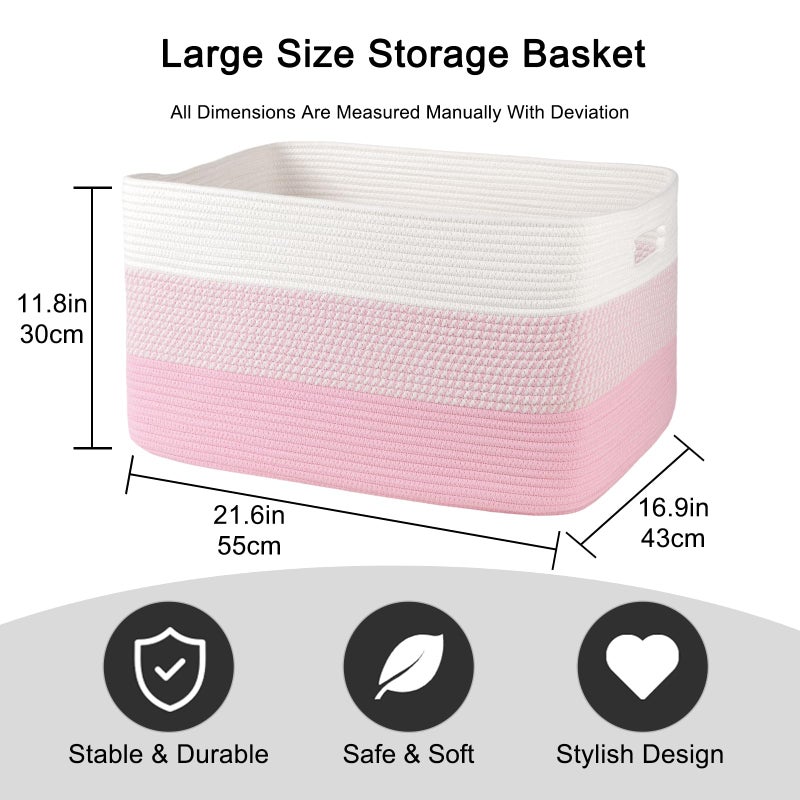 OIAHOMY Large Blanket Basket, 22â€x17â€x12â€ Rectangle Woven Baskets, Nursery Blanket Storage Living Room, Toy Storage With Handle, Large Baskets for Organizing - Pink/White - Image 3