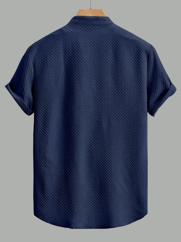 SWADESI STUFF Men's Stylish Polycotton Regular Fit Chinese Collar Half Sleeve Shirt – Solid Color (Blue,2XL) - Image 4