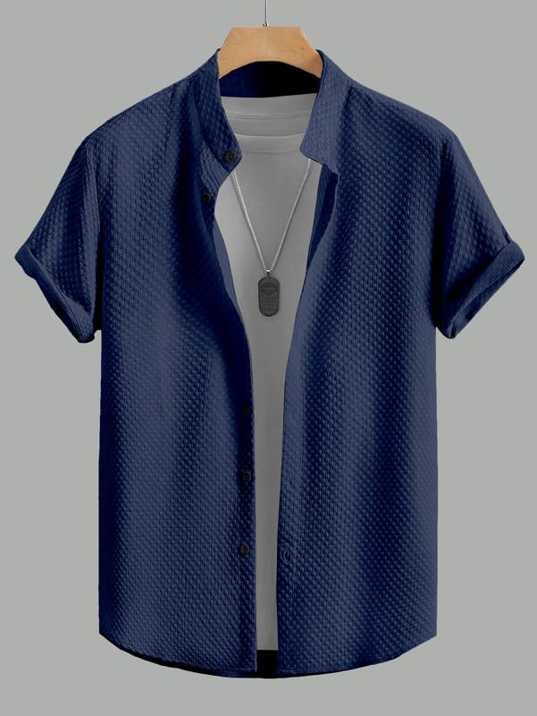 SWADESI STUFF Men's Stylish Polycotton Regular Fit Chinese Collar Half Sleeve Shirt – Solid Color (Blue,2XL) - Image 3
