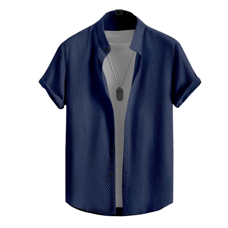 SWADESI STUFF Men's Stylish Polycotton Regular Fit Chinese Collar Half Sleeve Shirt – Solid Color (Blue,2XL) - Image 1