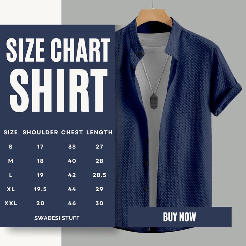 SWADESI STUFF Men's Stylish Polycotton Regular Fit Chinese Collar Half Sleeve Shirt – Solid Color (Blue,2XL) - Image 2