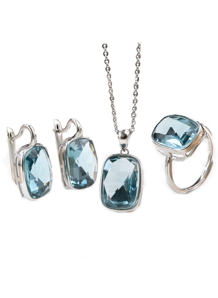 Mark Fairwhale S925 Silver Blue Crystal Set Women's Simple Style Rectangular Earring Necklace Ring Three Piece Set - Image 1