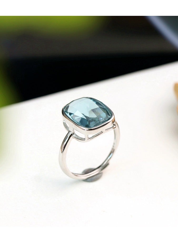 Mark Fairwhale S925 Silver Blue Crystal Set Women's Simple Style Rectangular Earring Necklace Ring Three Piece Set - Image 5