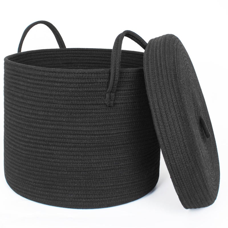 WILLITAT Black Basket with Lid, 16"x16"x13" Large Blanket Storage for Living Room, Round Cotton Rope Kids Dog Toy Bin Box with Cover, Woven Laundry Basket with Lid, Wicker Storage Bin for Organizing - Image 1