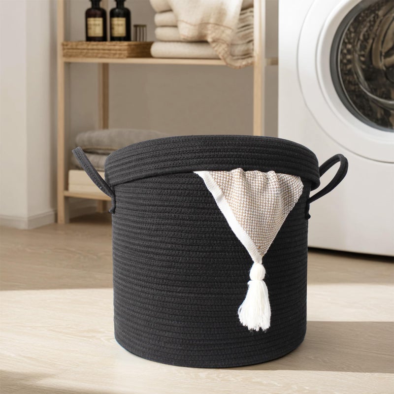 WILLITAT Black Basket with Lid, 16"x16"x13" Large Blanket Storage for Living Room, Round Cotton Rope Kids Dog Toy Bin Box with Cover, Woven Laundry Basket with Lid, Wicker Storage Bin for Organizing - Image 5
