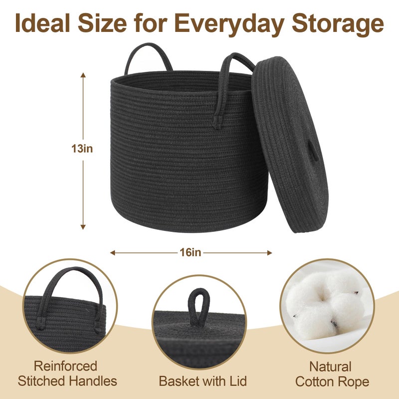WILLITAT Black Basket with Lid, 16"x16"x13" Large Blanket Storage for Living Room, Round Cotton Rope Kids Dog Toy Bin Box with Cover, Woven Laundry Basket with Lid, Wicker Storage Bin for Organizing - Image 2