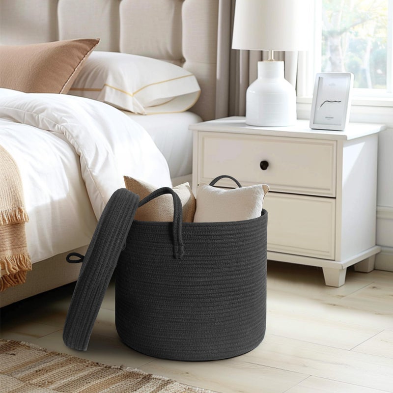 WILLITAT Black Basket with Lid, 16"x16"x13" Large Blanket Storage for Living Room, Round Cotton Rope Kids Dog Toy Bin Box with Cover, Woven Laundry Basket with Lid, Wicker Storage Bin for Organizing - Image 4