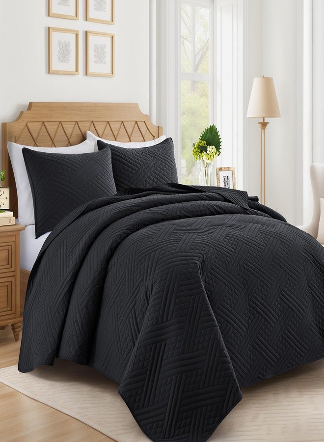 Lavsiry Black Quilt King Size with Striped Pattern, Lightweight Soft Summer Microfiber Bedspread & Coverlet Bedding Set for All Seasons - 3 Piece(1 Quilt, 2 Pillow Shams) - Image 1