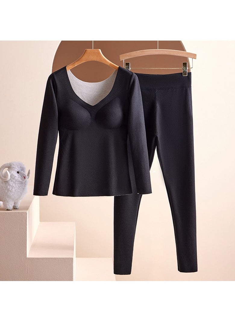 AUTOYSUR Women's Thermal Underwear Includes Chest Pad Long Johns with Lined Base Layer Cold Weather Pajamas Sets for 40kg-55kg (Black)  - Image 1
