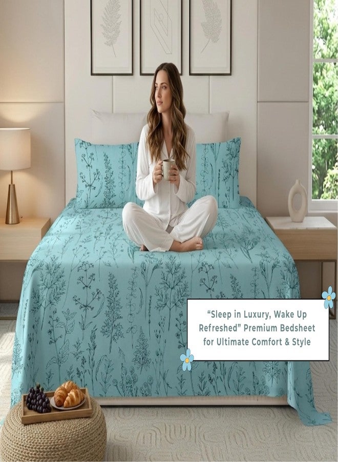 RD TREND® Premium Cloud Cotton Bedsheet for Super King Size Bed (100x108 Inch) with 2 Pillow Covers 18x28 Inch Floral Digital Printed Design | (Polished Aqua - Image 3