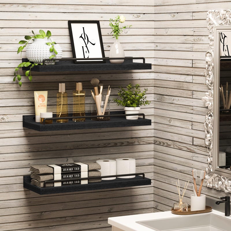 RYOFOBETTO Floating Shelves for Wall Decor Bathroom Shelves Over Toilet, Farmhouse Wall Shelves for Living Room, Bedroom, Picture Frames, Plants, Kitchen (Black, Set of 3) - Image 3