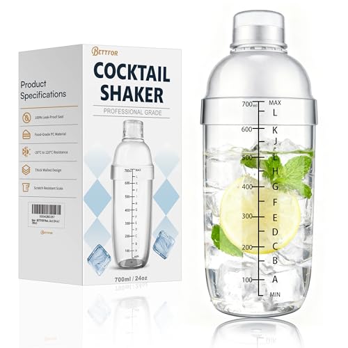 BETTFOR Plastic Cocktail Shaker with Measuring Scale 24oz (700ml), Leak-Proof & Shatter-Resistant Drink Mixer for Bartending, Protein Shakes, Iced Coffee & Milk Tea - Image 1