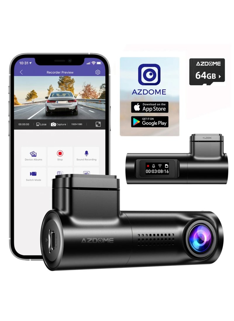 AZDOME AZDOME WiFi 1080P Mini Dash Cam for Car, Voice Control Car Camera, Fatigue Driving Reminder Dashboard Camera with APP WDR Night Vision Loop Recording, 24H Parking Mode (with 64G Card)  - Image 1
