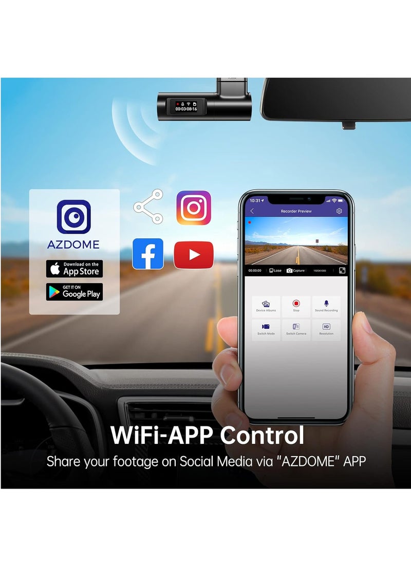 AZDOME AZDOME WiFi 1080P Mini Dash Cam for Car, Voice Control Car Camera, Fatigue Driving Reminder Dashboard Camera with APP WDR Night Vision Loop Recording, 24H Parking Mode (with 64G Card)  - Image 3