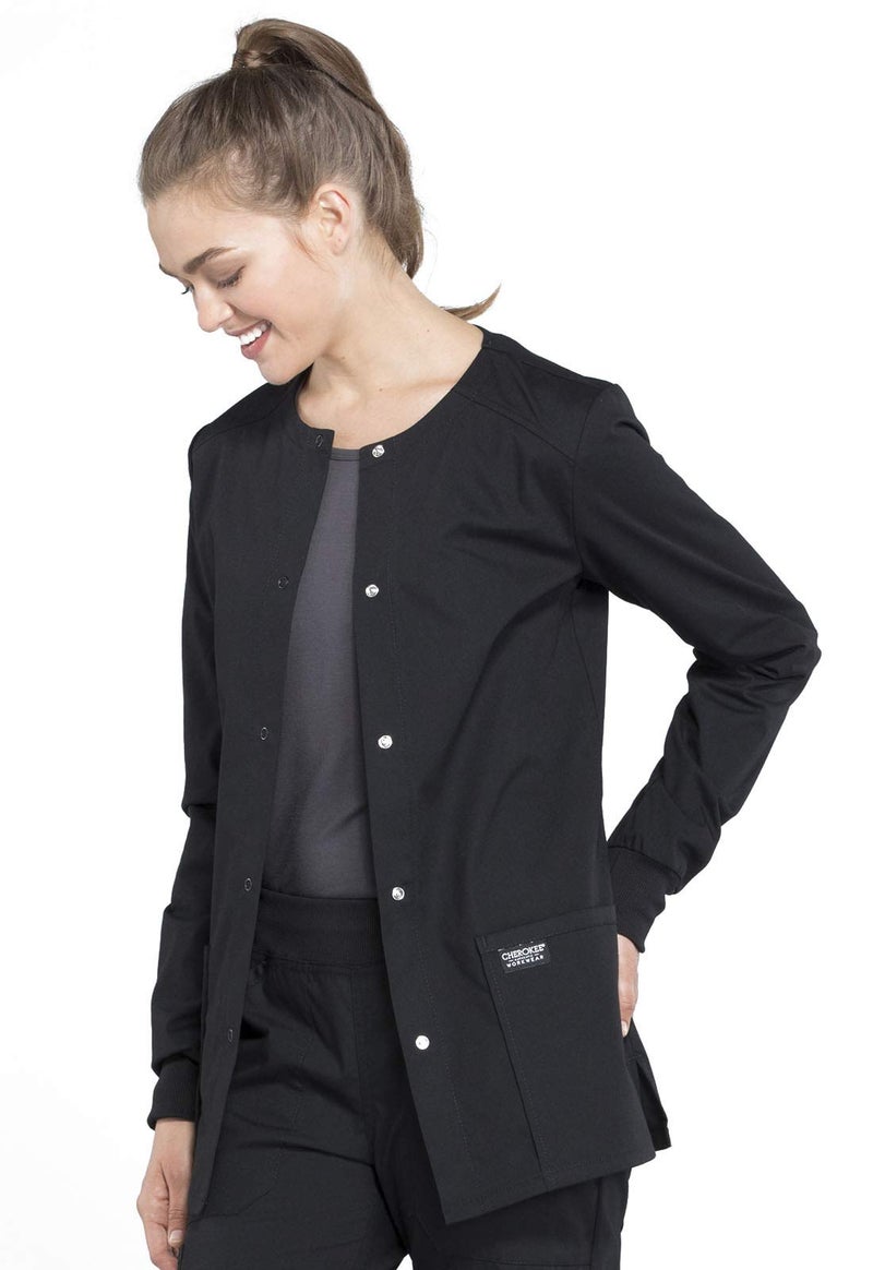 Cherokee Snap Front Scrub Jackets for Women, Workwear Professionals Soft Stretch WW340, L, Black - Image 4