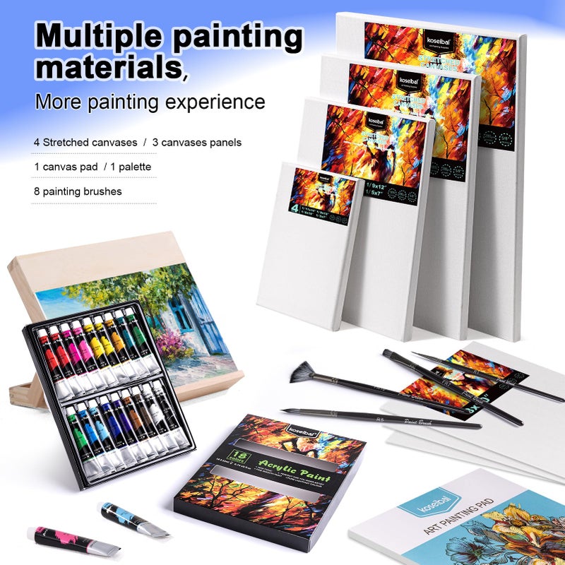 koseibal Acrylic Art Set with 18 Acrylic Paints, 8 Brushes, 4 Stretched Canvas, 1Wooden Easel, Etc, Premium Painting Supplies Kit for Students, Artists Kids, Adults, and Beginner - Image 4