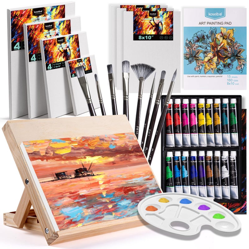 koseibal Acrylic Art Set with 18 Acrylic Paints, 8 Brushes, 4 Stretched Canvas, 1Wooden Easel, Etc, Premium Painting Supplies Kit for Students, Artists Kids, Adults, and Beginner - Image 1