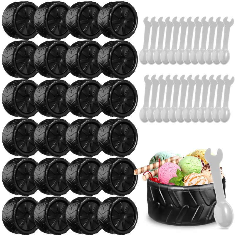 Uiifan 24 Sets Truck Wheel Ice Cream Bowls Spoon Set, Plastic Race Car Party Frozen Yogurt Cups with Spoons Sturdy Truck Tire Ice Cream for Race Car Theme Party Favor Kids Gift (Black) - Image 1