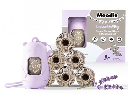 Moodie Disposable Diaper Bags Dispenser COMBO PACK |105 LAVENDER SCENTED Baby Poop Bags TOTAL & 1 Diaper Disposal Bag Dispenser | Dirty Diaper Trash Bags on the Go - Image 1
