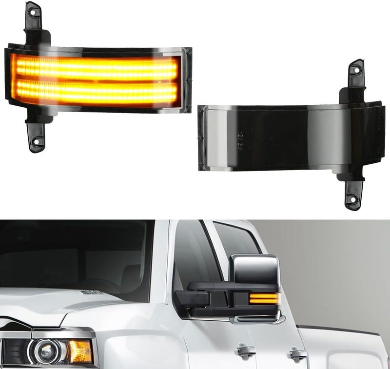 ROCCS Flash Yellow Full LED Side Tow Mirror Marker Light fit for 3rd Generation Chevy Silverado / 4th Generation GMC Sierra 2014–2019 OEM ONLY, Smoke Lens - Image 1