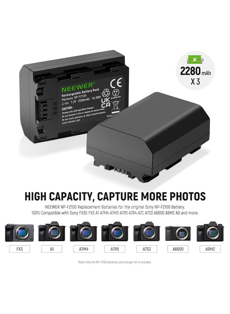 نيوير مجموعة بطاريات NEEWER NP-FZ100 بسعة 2280mAh مع شاحن ثلاثي – بطاريات قابلة لإعادة الشحن لكاميرات سوني - Image 5