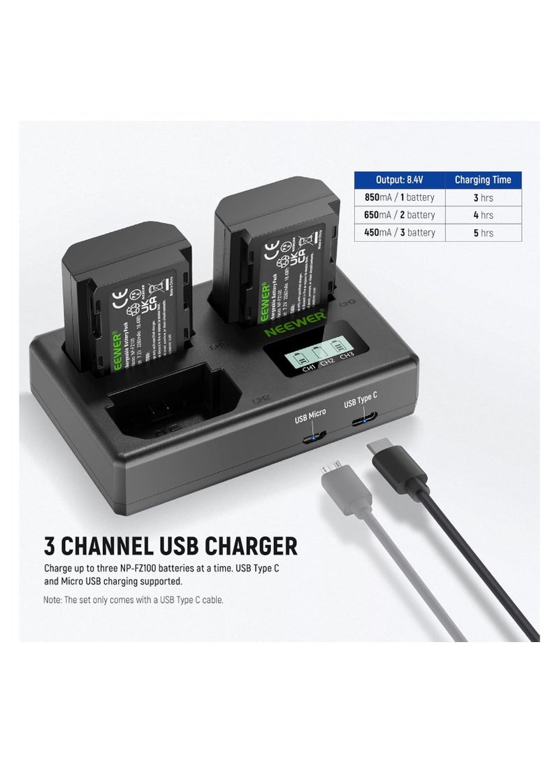 نيوير مجموعة بطاريات NEEWER NP-FZ100 بسعة 2280mAh مع شاحن ثلاثي – بطاريات قابلة لإعادة الشحن لكاميرات سوني - Image 2