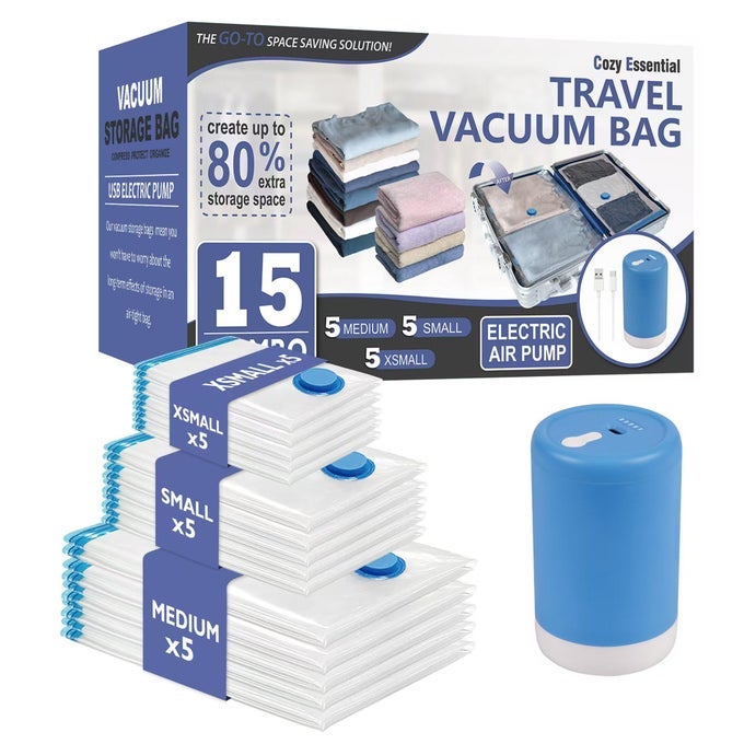 15 PACK TRAVEL VACUUM STORAGE BAGS WITH PORTABLE ELECTRIC PUMP SUITASE VACUUM SEAL SPACE SAVER BAGS FOR CLOTHING AND LUGGAGE COMPRESSION