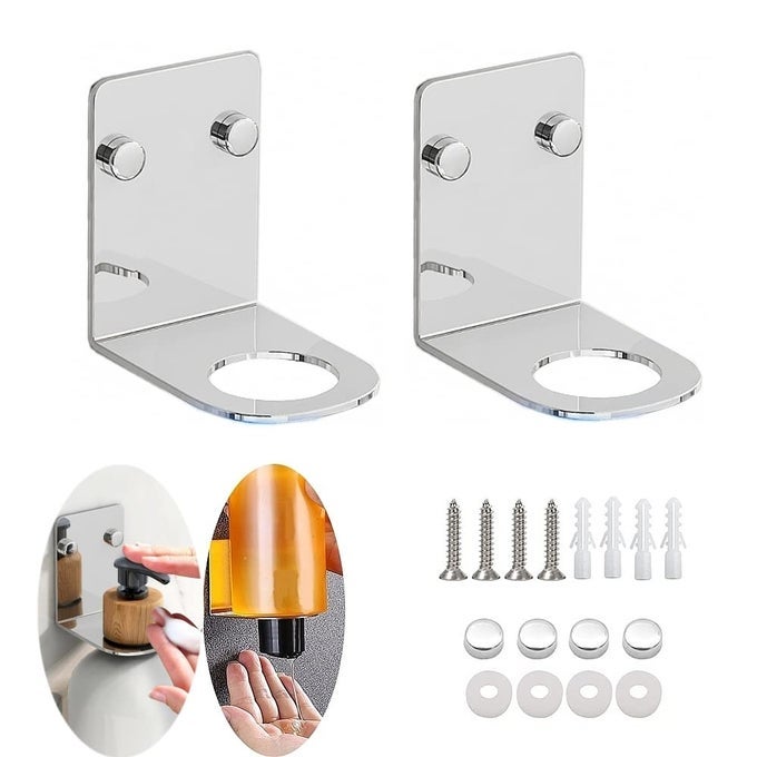 SOAP BOTTLE DISPENSER HOLDER WALL MOUNTED HAND PUMP BOTTLES DISPENSER STAND HANGING RACK SHAMPOO STANDING SHELF STORAGE HOLDER BRACKET FOR BATHROOM KITCHEN SILVER 2 PACK