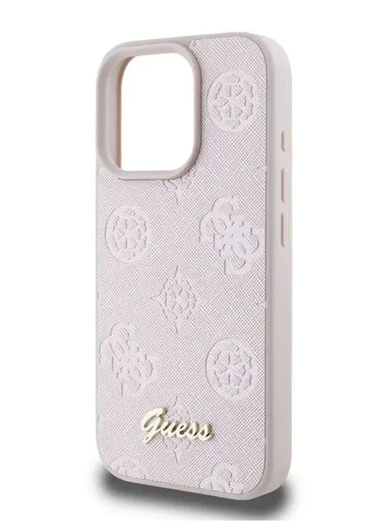 GUESS PU Case With Peony Hot Stamp and Metal Script Logo for iPhone 16 Pro Max / Ultimate Protection / Durable Back Cover - Pink