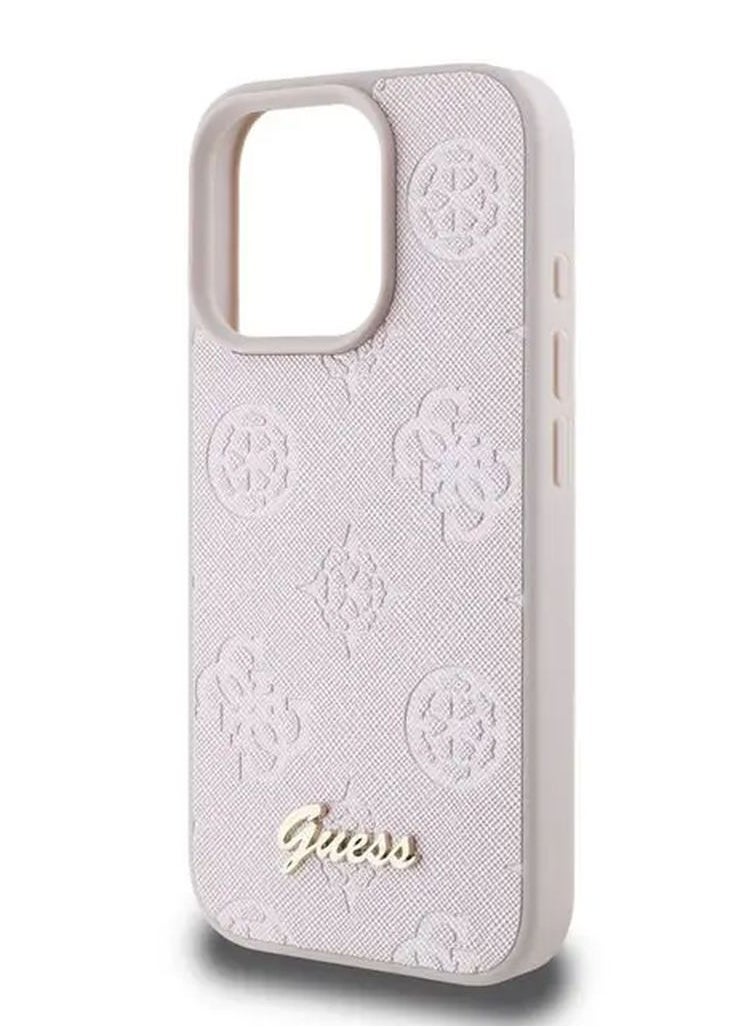 GUESS - PU Case With Peony Hot Stamp and Metal Script Logo for iPhone 16 Pro Max / Ultimate Protection / Durable Back Cover - Pink - Image 1