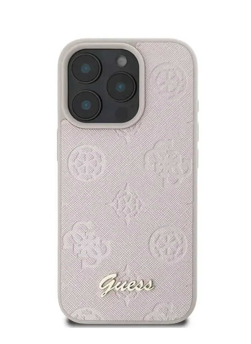 GUESS PU Case With Peony Hot Stamp and Metal Script Logo for iPhone 16 Pro Max / Ultimate Protection / Durable Back Cover - Pink