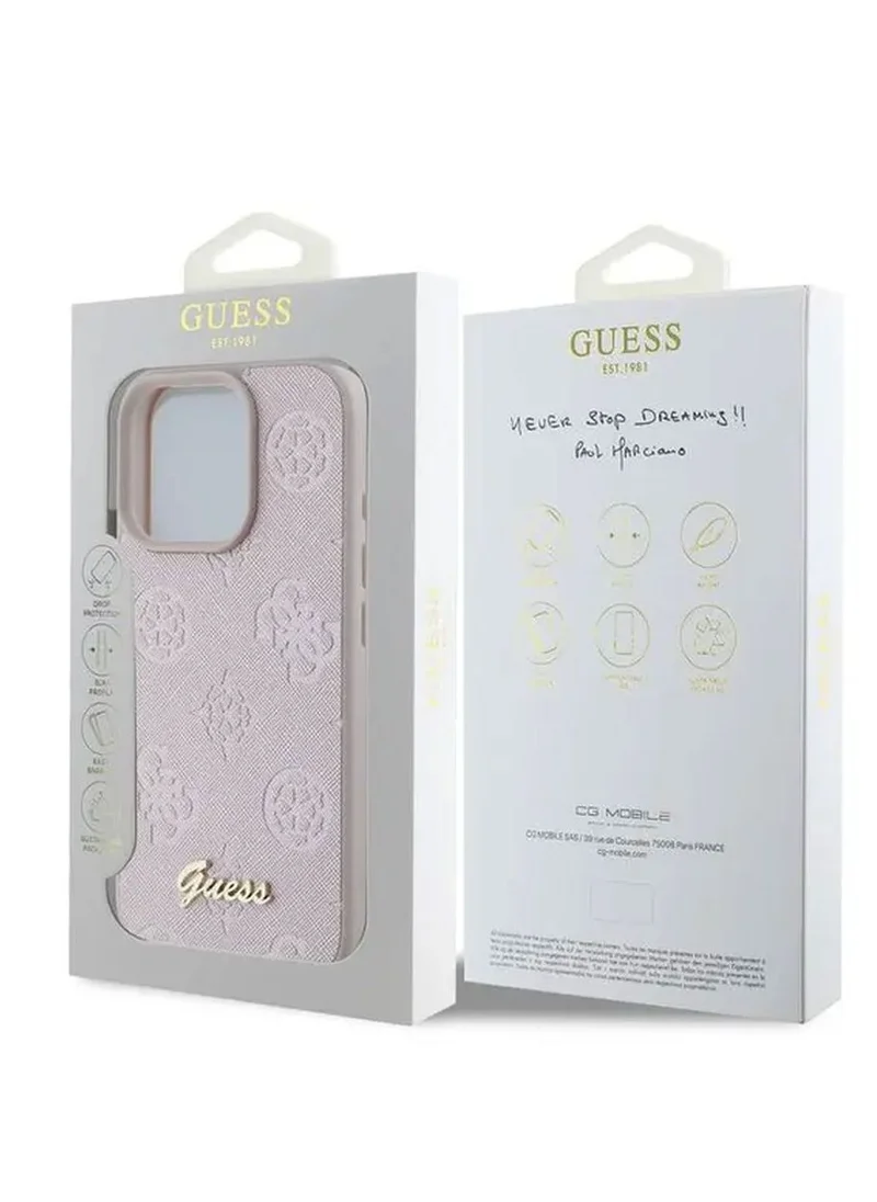 GUESS PU Case With Peony Hot Stamp and Metal Script Logo for iPhone 16 Pro Max / Ultimate Protection / Durable Back Cover - Pink