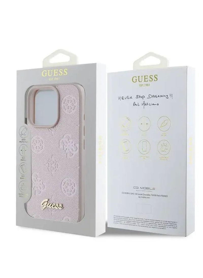 GUESS - PU Case With Peony Hot Stamp and Metal Script Logo for iPhone 16 Pro Max / Ultimate Protection / Durable Back Cover - Pink - Image 1