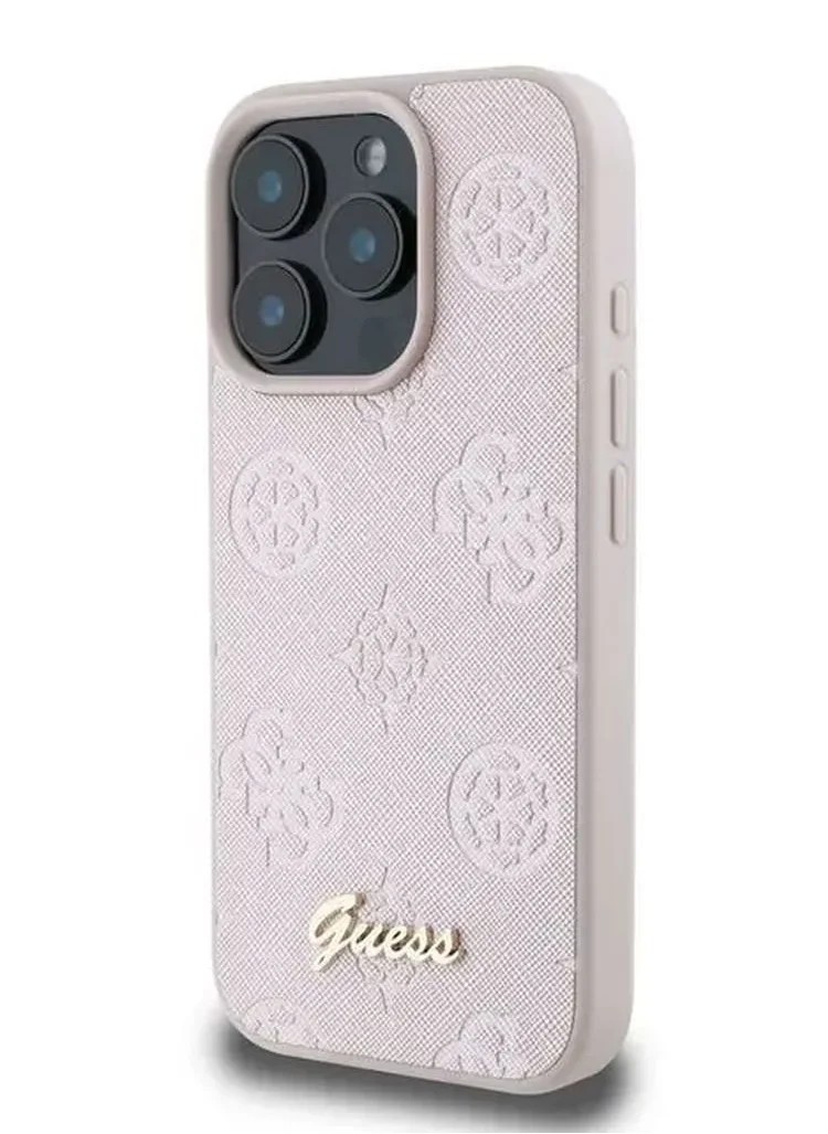 GUESS PU Case With Peony Hot Stamp and Metal Script Logo for iPhone 16 Pro Max / Ultimate Protection / Durable Back Cover - Pink