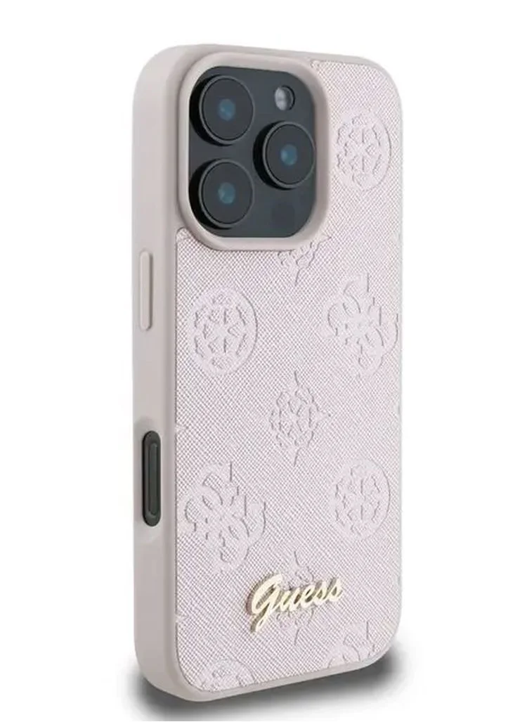 GUESS PU Case With Peony Hot Stamp and Metal Script Logo for iPhone 16 Pro Max / Ultimate Protection / Durable Back Cover - Pink