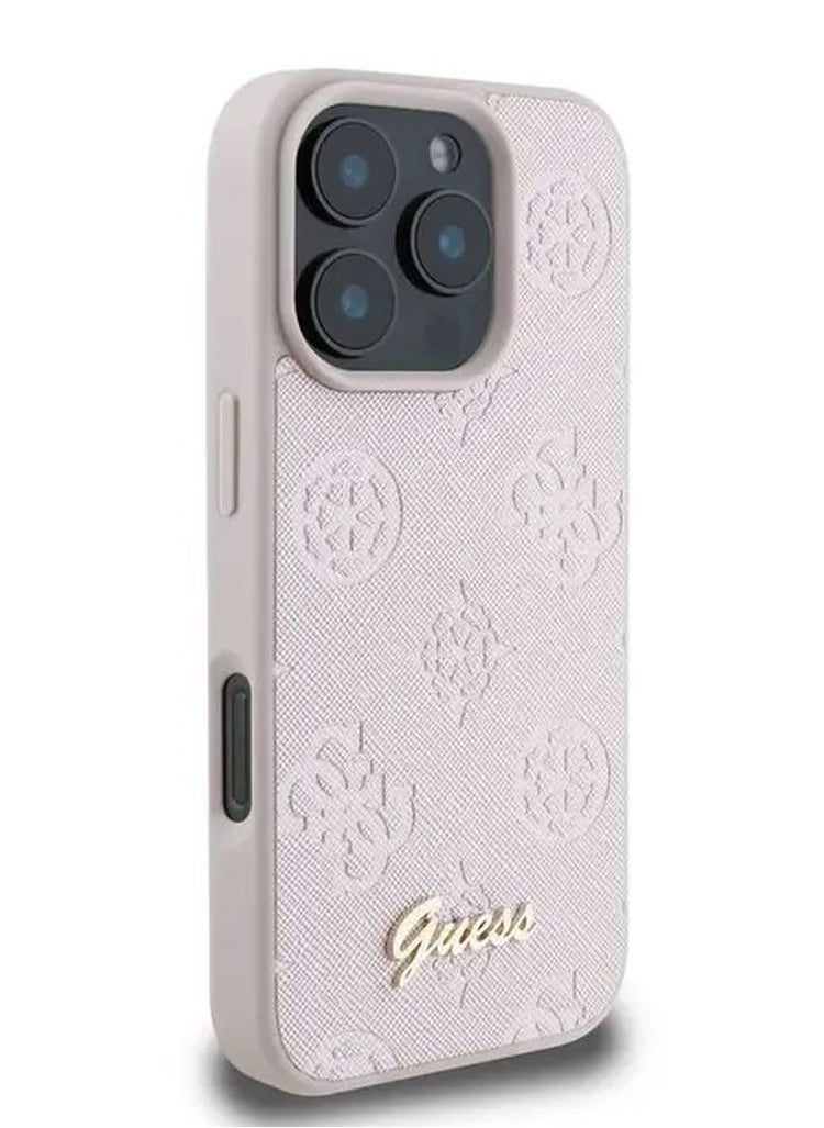 GUESS - PU Case With Peony Hot Stamp and Metal Script Logo for iPhone 16 Pro Max / Ultimate Protection / Durable Back Cover - Pink - Image 1