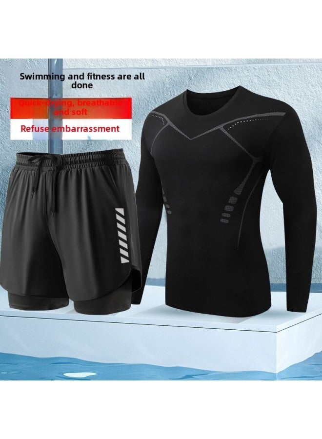 Loquat Swimming Trunks Men's Swimsuit Suit Double-layer Five-point Swimming Trunks Split-type Quick-drying Diving Suit Anti-embarrassment Sports Fitness-Color:Sci-fi Long Sleeve + Double-layer Swimming Tru - Image 1