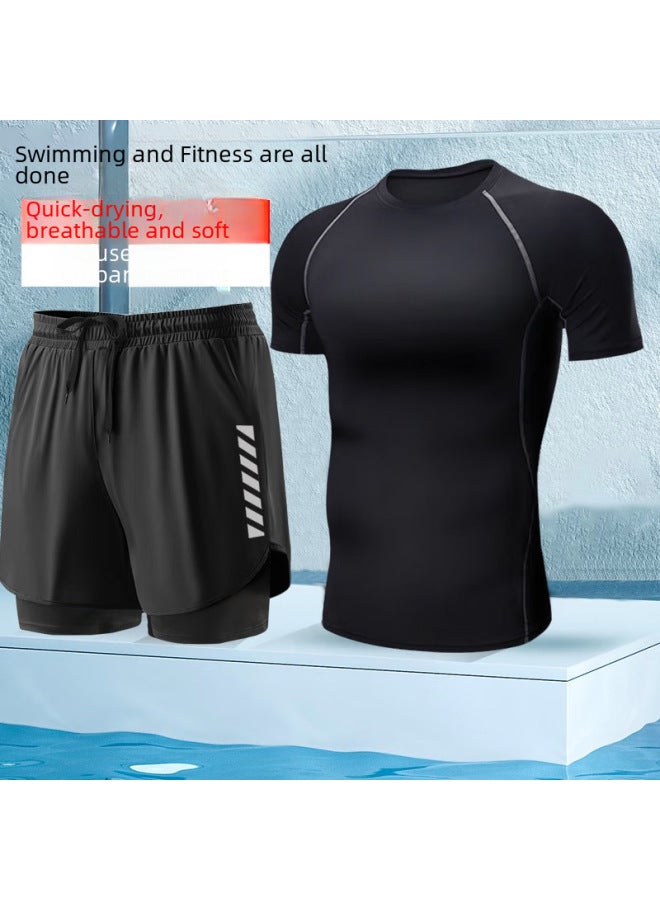 Loquat Swimming Trunks Men's Swimsuit Suit Double-layer Five-point Swimming Trunks Split-type Quick-drying Diving Suit Anti-embarrassment Sports Fitness-Color:Sci-fi Long Sleeve + Double-layer Swimming Tru - Image 2