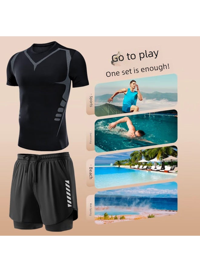 Loquat Swimming Trunks Men's Swimsuit Suit Double-layer Five-point Swimming Trunks Split-type Quick-drying Diving Suit Anti-embarrassment Sports Fitness-Color:Sci-fi Long Sleeve + Double-layer Swimming Tru - Image 3