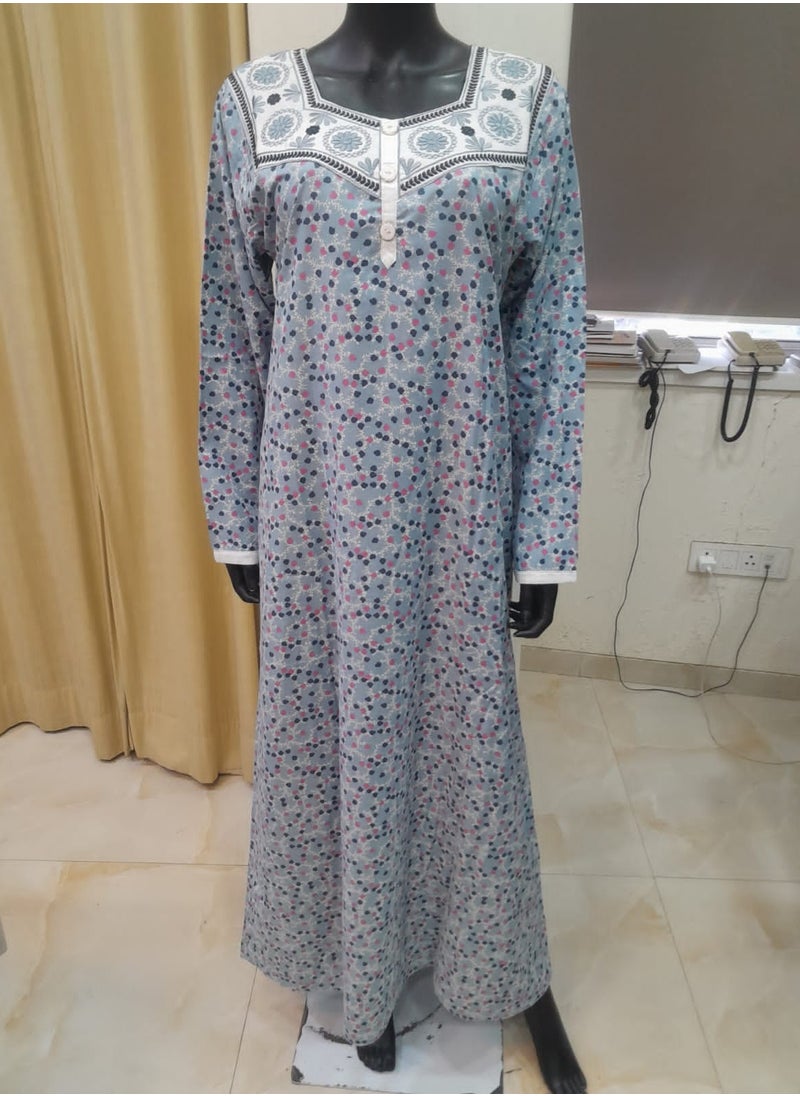HANA & SARA - UNIQUE FRONT NECK THREAD EMBROIDERY PRINTED FRONT BUTTONED ARABIC KAFTAN JALABIYA DRESS - Image 1