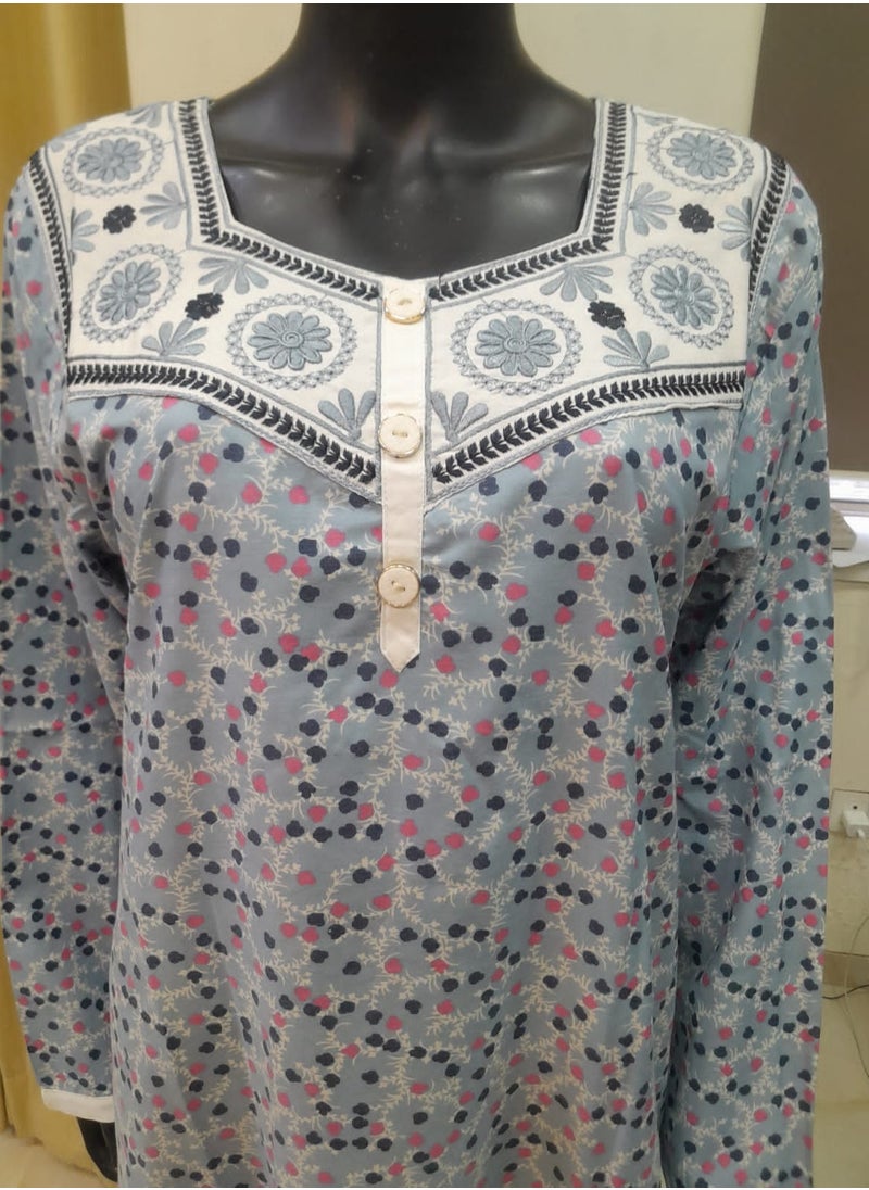 HANA & SARA - UNIQUE FRONT NECK THREAD EMBROIDERY PRINTED FRONT BUTTONED ARABIC KAFTAN JALABIYA DRESS - Image 1