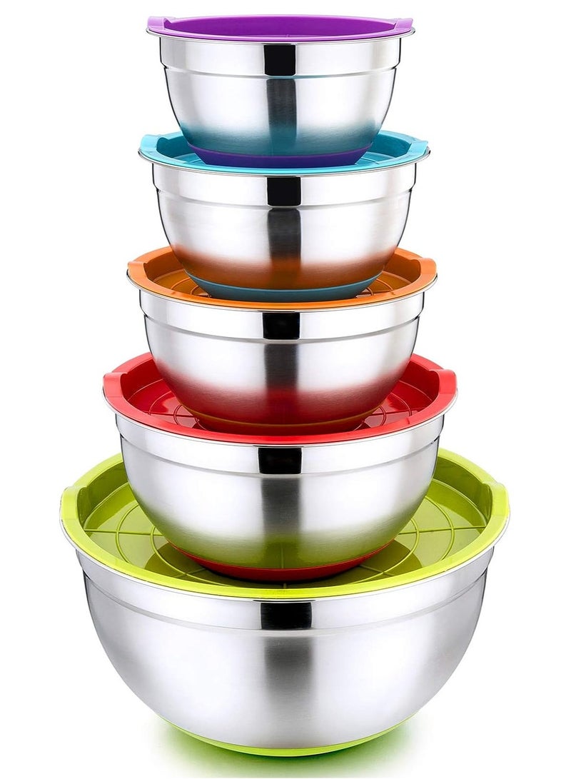 DubaiGallery Mixing Bowl Set with Lids, Stainless Steel Stocking Bowls with Measuring and Silicone Gel Bottom, Stackable - Image 1
