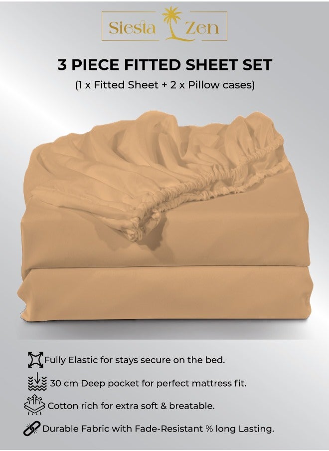 Siesta Zen Siesta Zen™ 3 Pcs Set Premium T250 Cotton Rich Fitted Sheet Set Full Elastic 30cm Deep Pocket Fits for All, Ultra Soft, Breathable, Wrinkle Resistant (1 Fitted+2 Pillowcases)  - Image 1