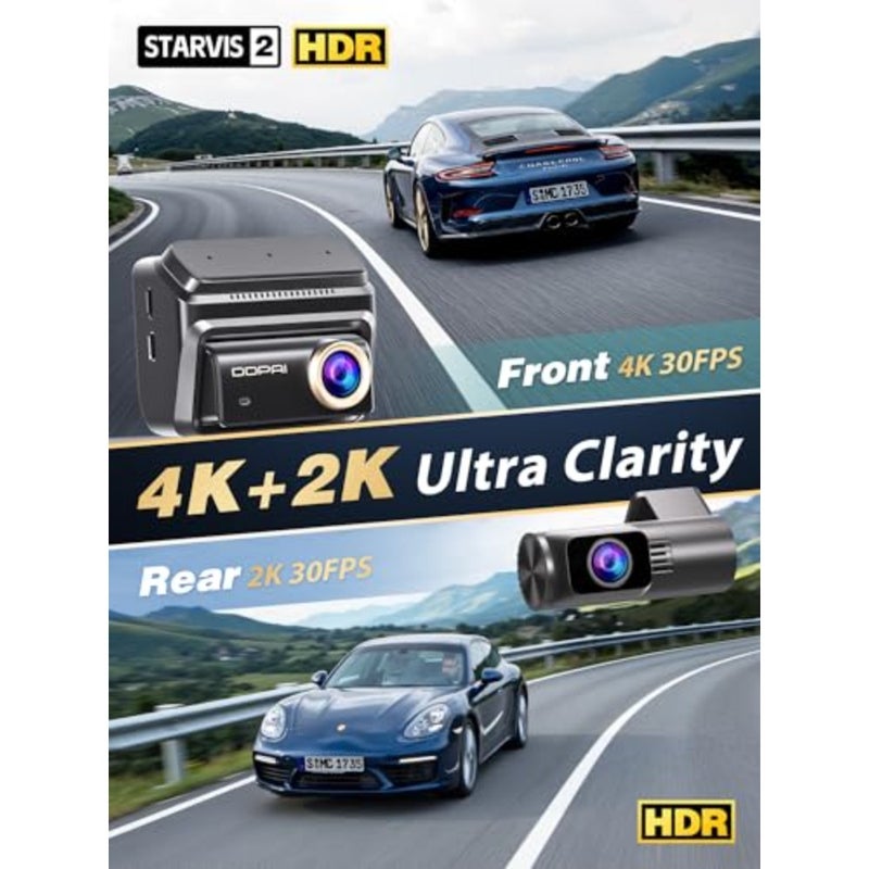 Car dash cam with STARVIS 2 IMX678 sensor, black aluminum body, 4K+2K dual HDR recording, 60FPS, 5G WiFi, GPS, 3 IPS display, AI ISP night vision, 24H parking mode, 4G optional - Image 2