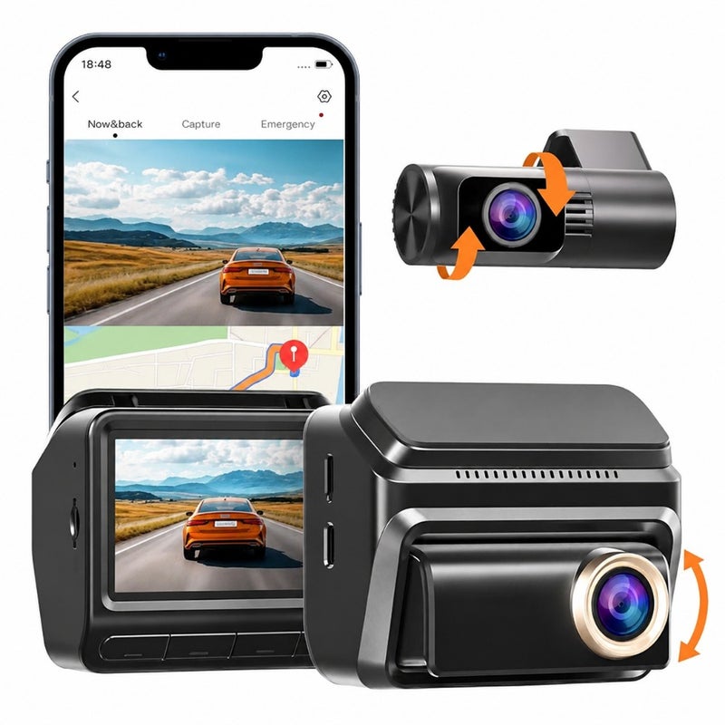Car dash cam with STARVIS 2 IMX678 sensor, black aluminum body, 4K+2K dual HDR recording, 60FPS, 5G WiFi, GPS, 3 IPS display, AI ISP night vision, 24H parking mode, 4G optional - Image 1
