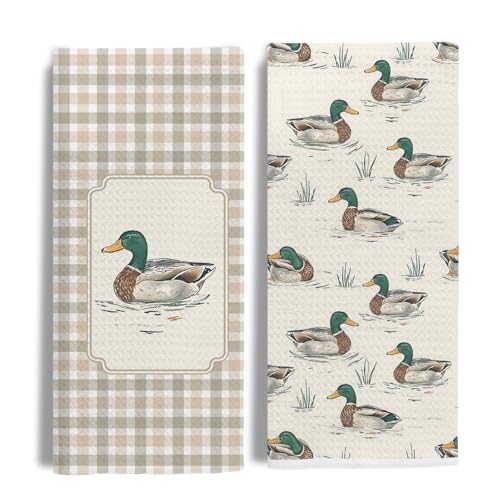 EKGJW Farmhouse Mallard Duck Kitchen Towels Set of 2,Ducks Lover Dish & Hand Towels for Kitchen & Bathroom Decor,Duck Gifts for Women Lovers,16x24 Inch - Image 1