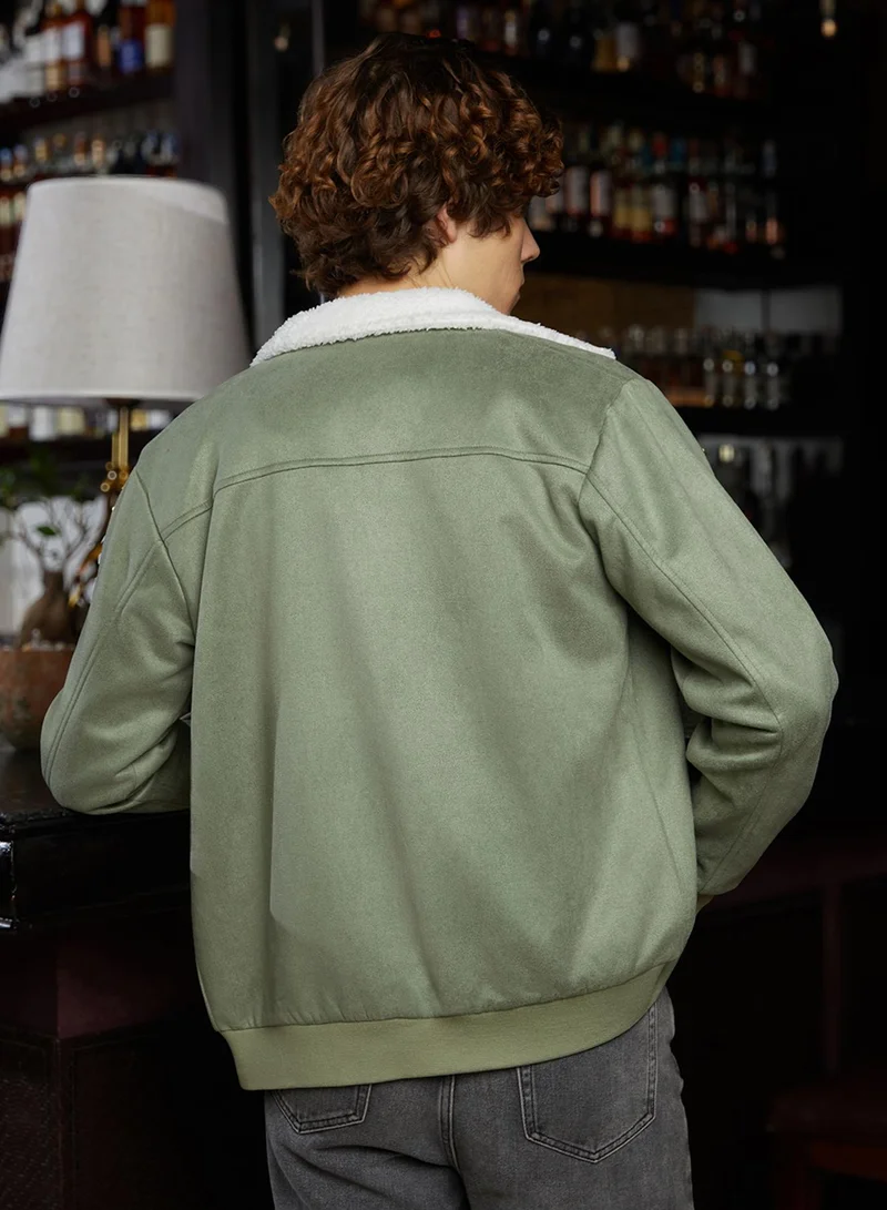 Campus Sutra Men's Olive Green & Chalk White Fleece-Lined Bomber Jacket