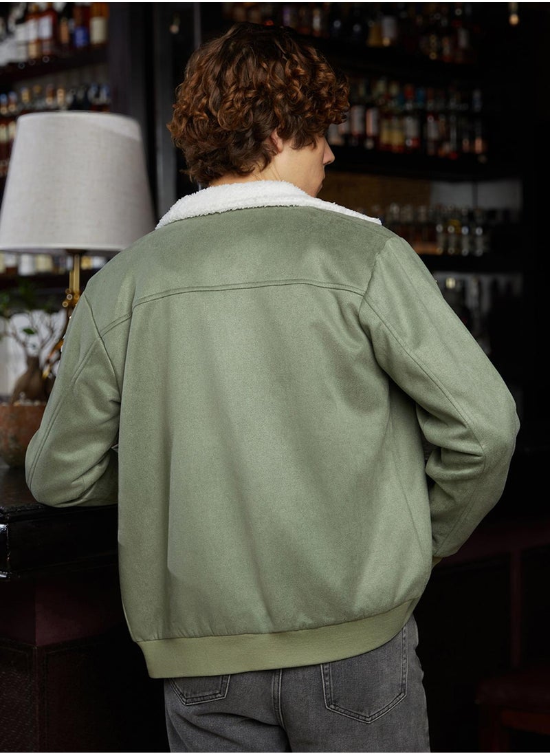 كامبوس سوترا Men's Olive Green & Chalk White Fleece-Lined Bomber Jacket  - Image 5