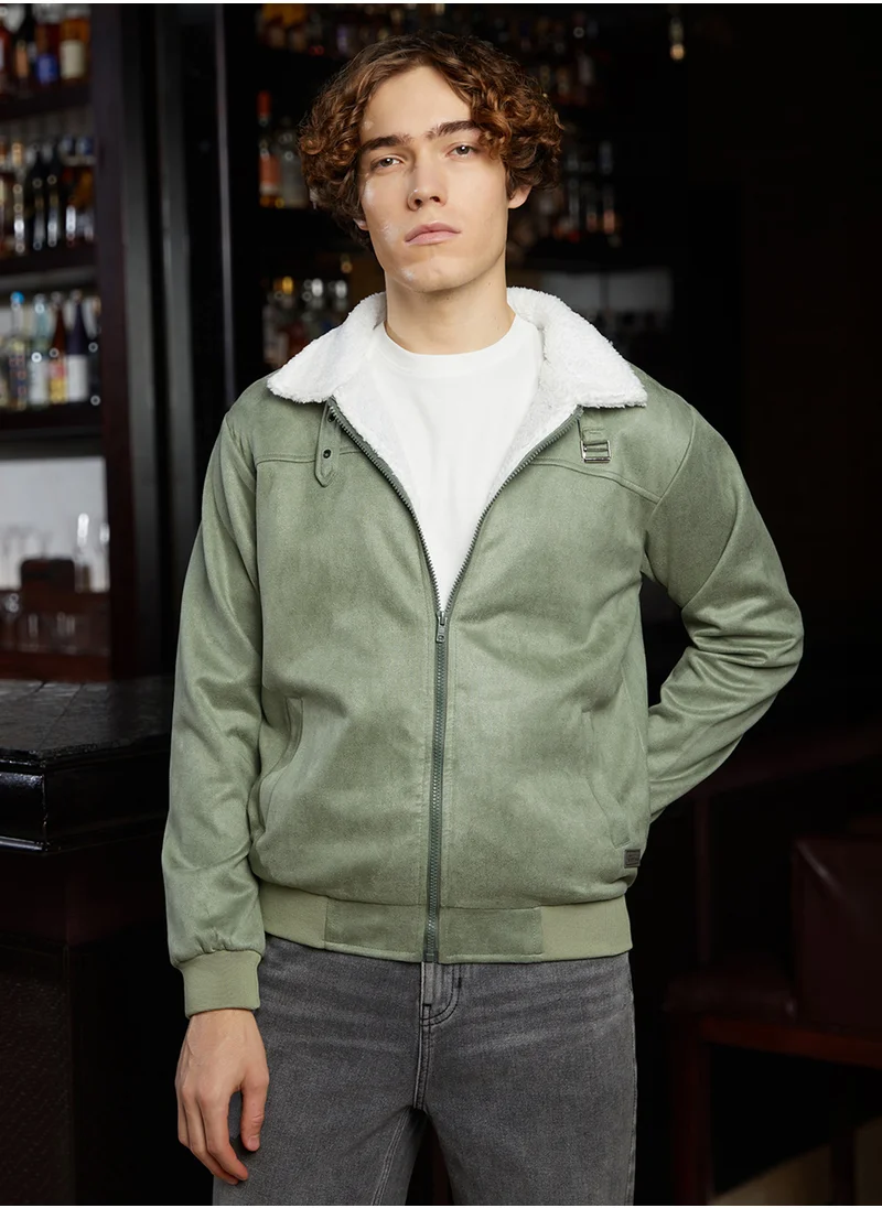 Campus Sutra Men's Olive Green & Chalk White Fleece-Lined Bomber Jacket