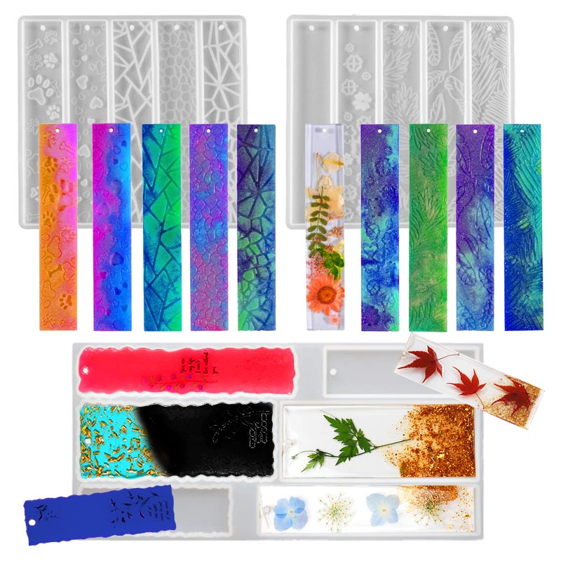 3 Set of Bookmark Resin Molds Silicone Resin Mold Kit Rectangle Irregular Shaped Bookmark Mould Leaves Geometric Texture Epoxy Resin Casting Mold Unique Keychain Pendant Mold DIY Decor Crafts